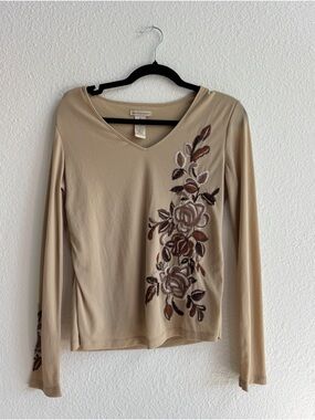 APOSTROPHE Y2K Floral Embroidered V-Neck Long Sleeve Top in Beige SZ S